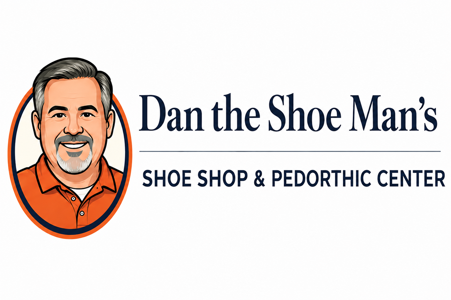 Logo of Dan the Shoe Man's Shoe Shop & Pedorthic Center with a smiling man in an orange shirt.