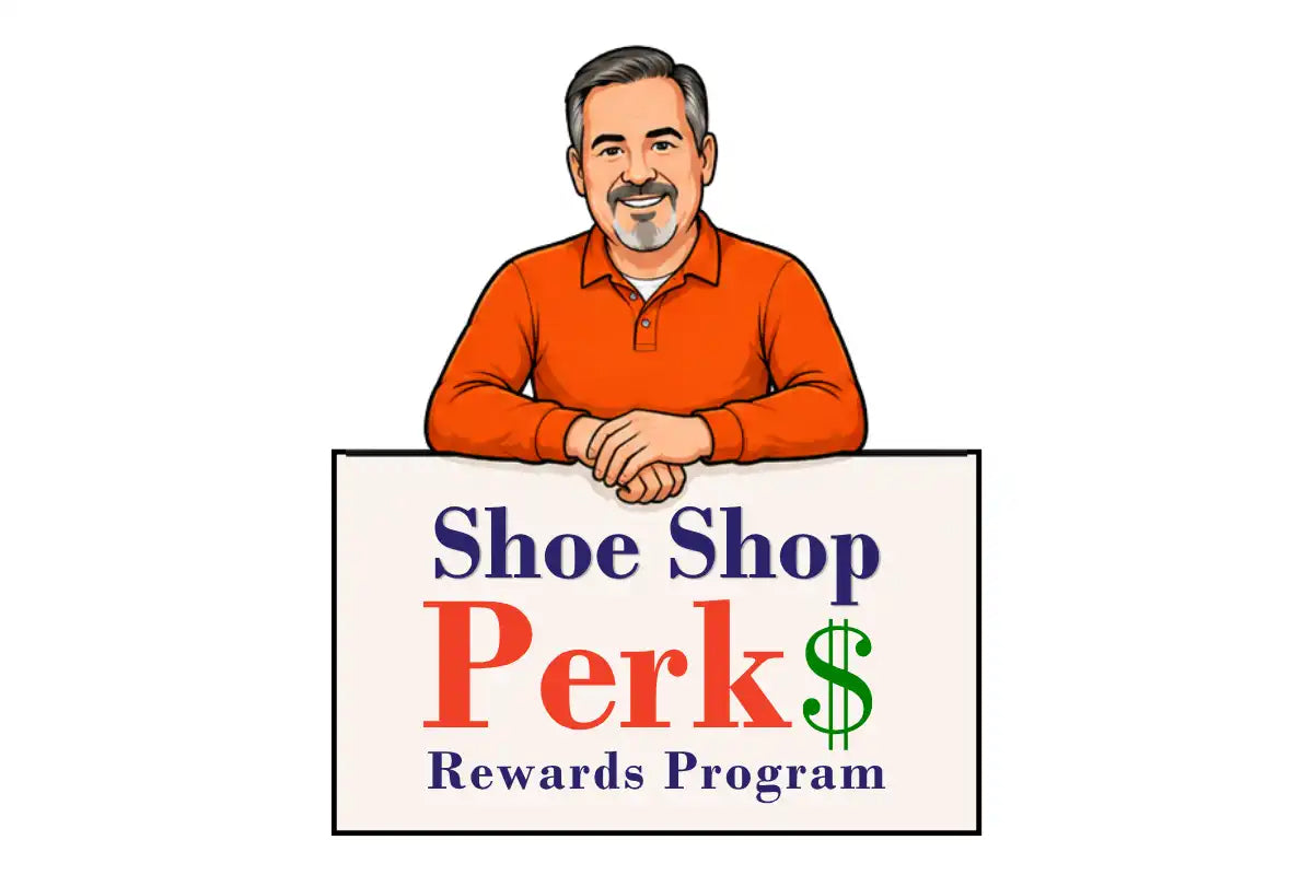Cartoon man holding a sign for 'Shoe Shop Perk$ Rewards Program' on a white background