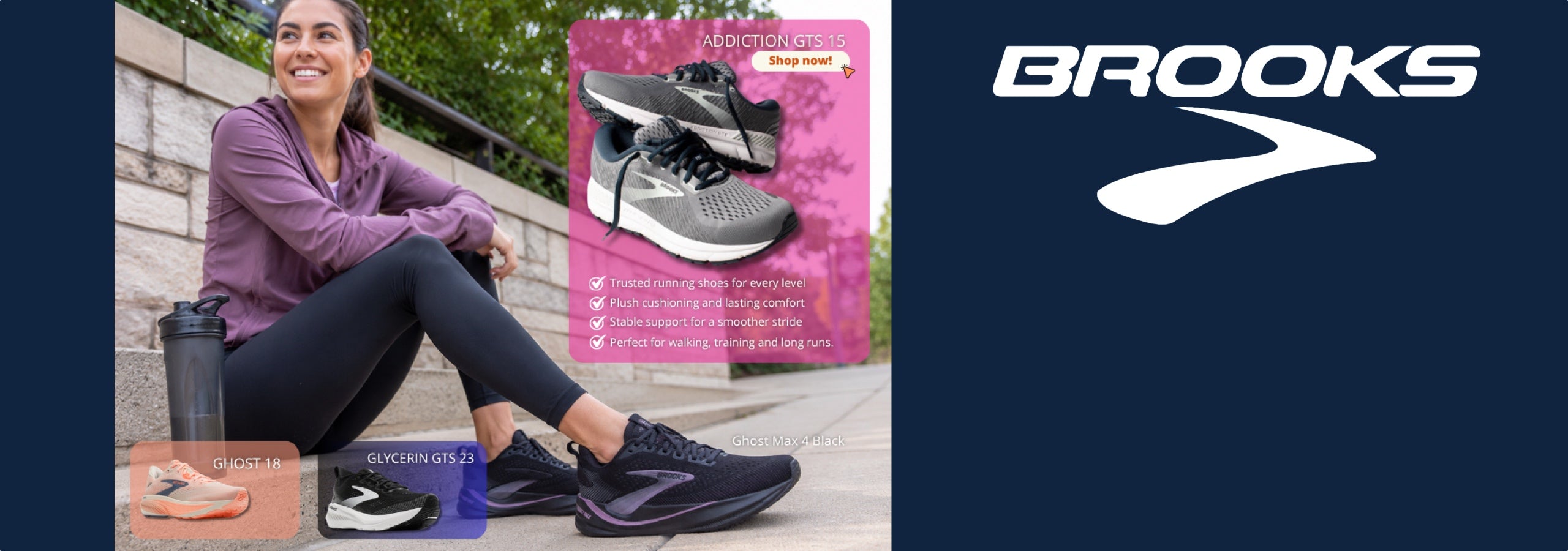 Brooks athletic shoes shown in a promotional layout, including a woman sitting outdoors wearing black and purple running shoes, a pink product card with shoe graphics, and a large Brooks logo on a dark blue background.