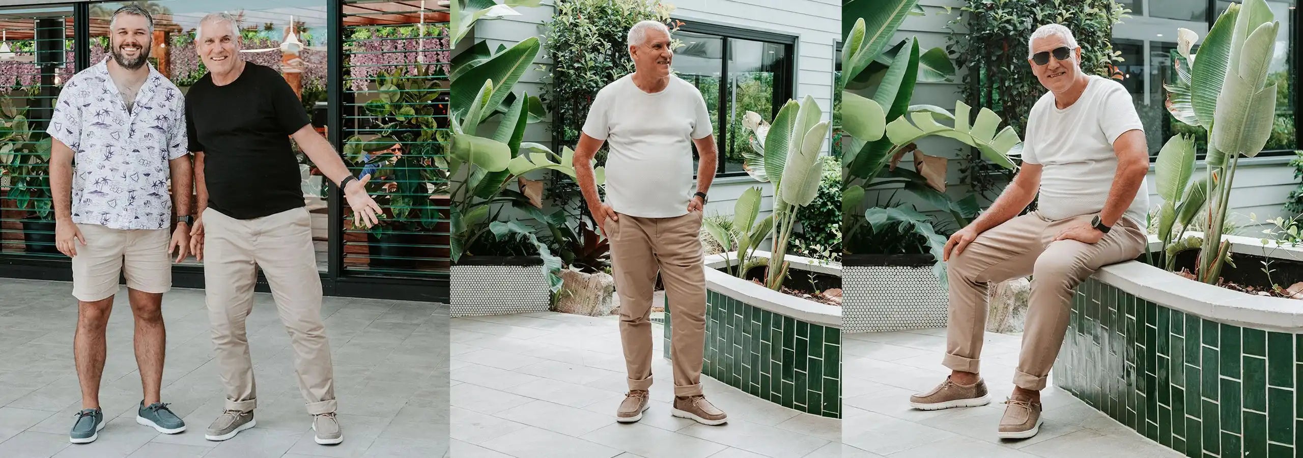 Collage of a man in different poses with plants in the background