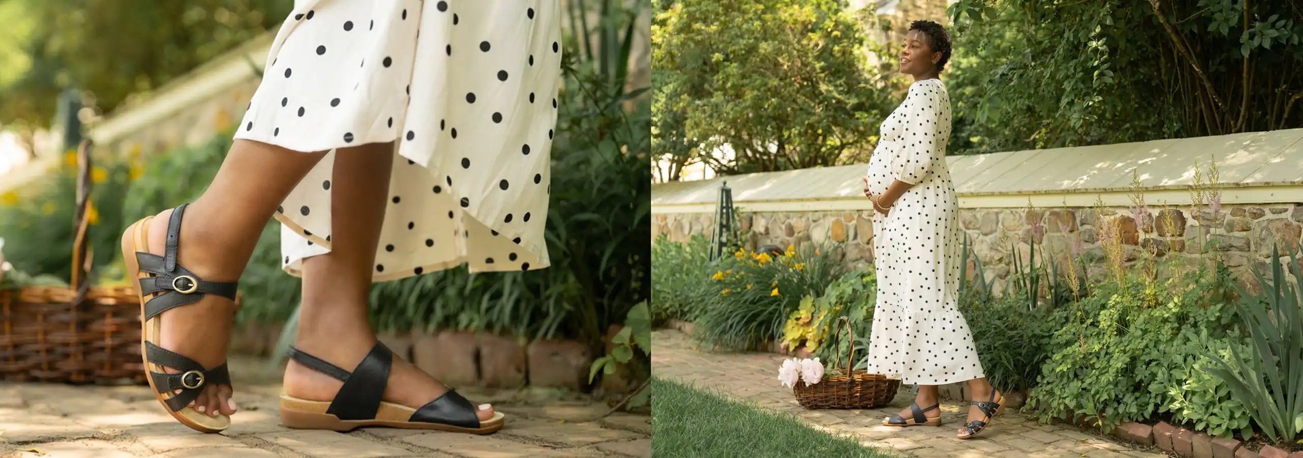 Woman in a polka dot dress standing on a wooden deck with a garden background.