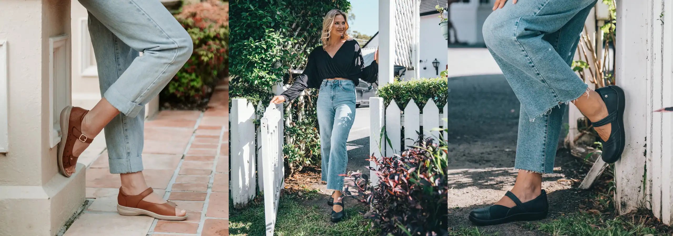 Collage of a person wearing light blue jeans and brown shoes in various settings.