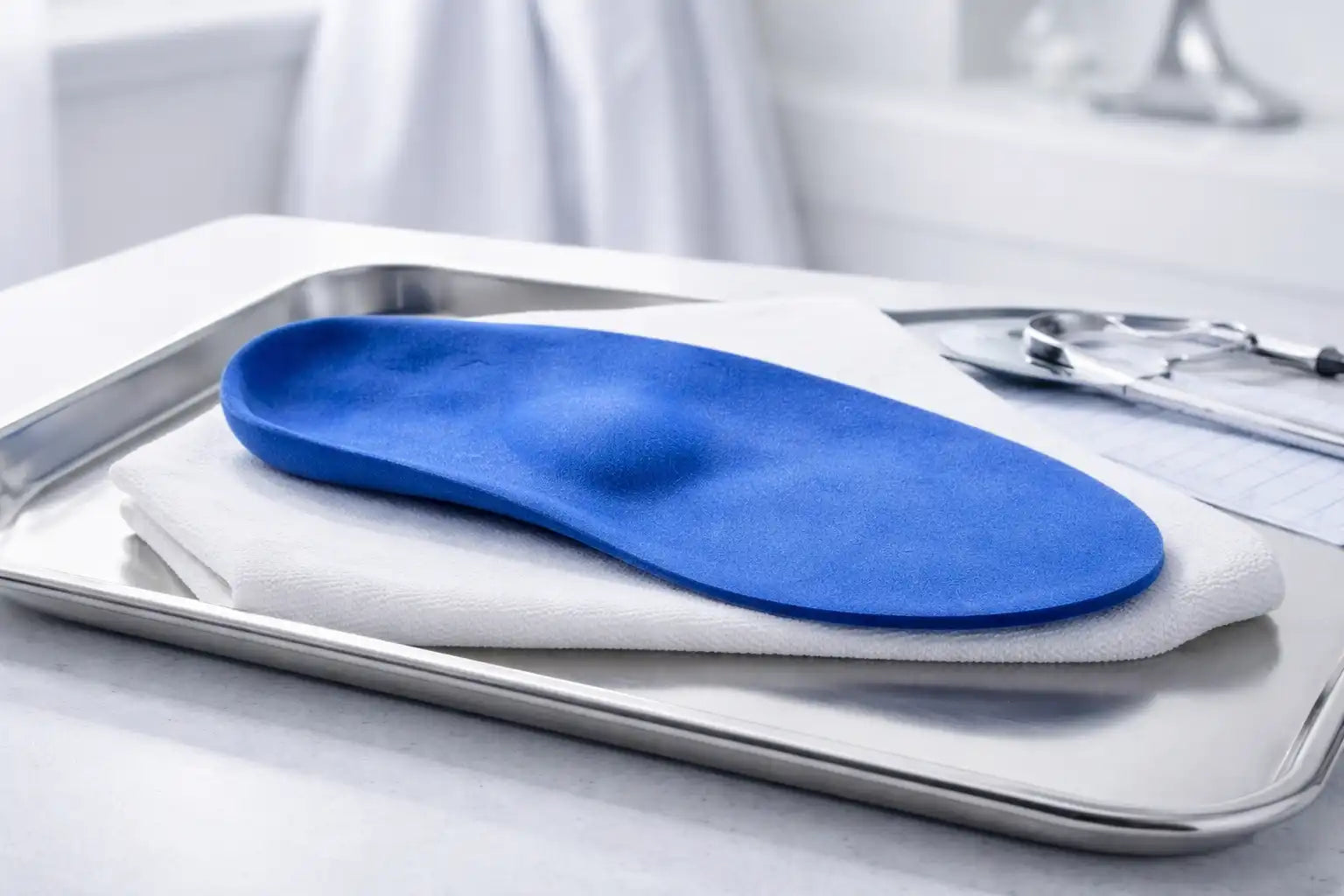 Blue insole on a white surface with medical equipment in the background