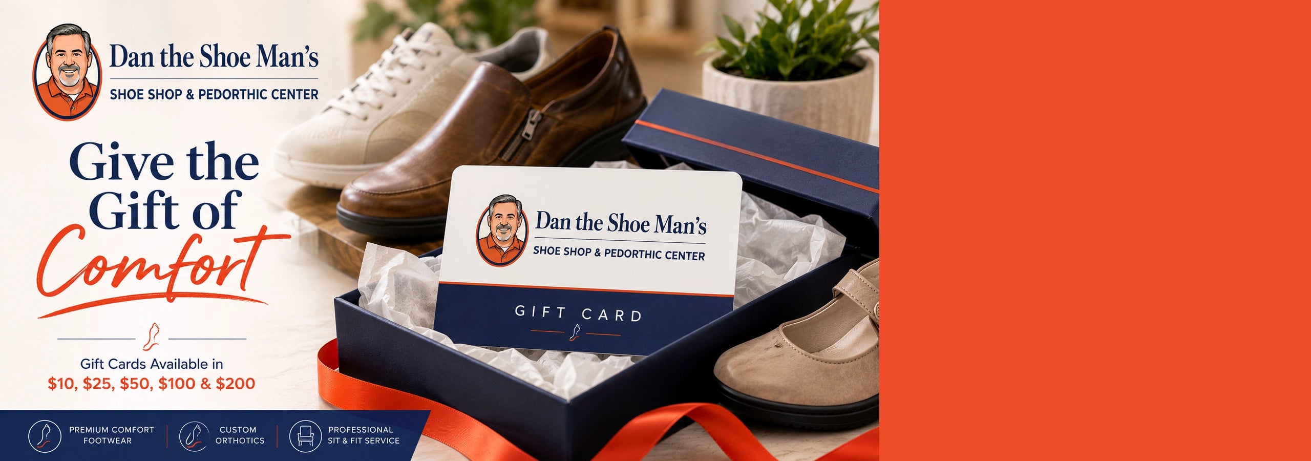 Dan the Shoe Man's gift card with shoes and packaging on a promotional background