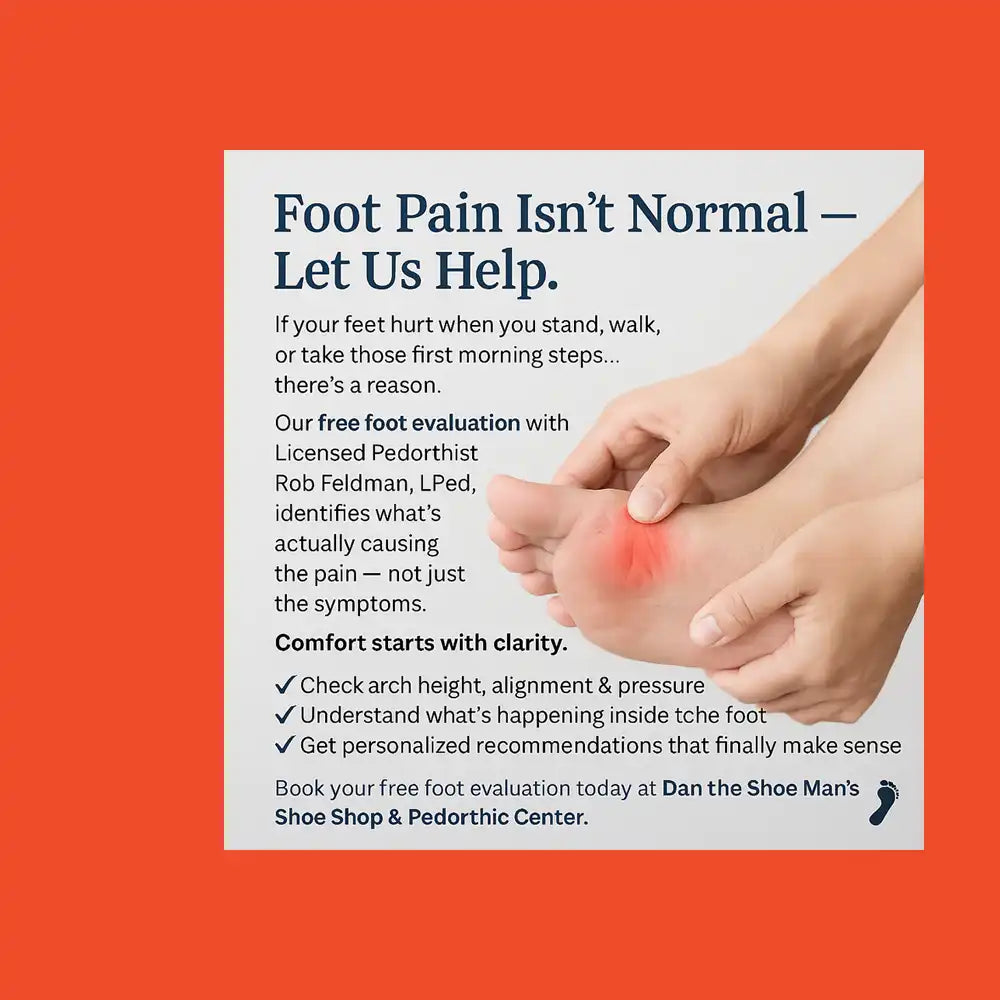 Advertisement for a foot pain evaluation service with a person holding a foot on an orange background.